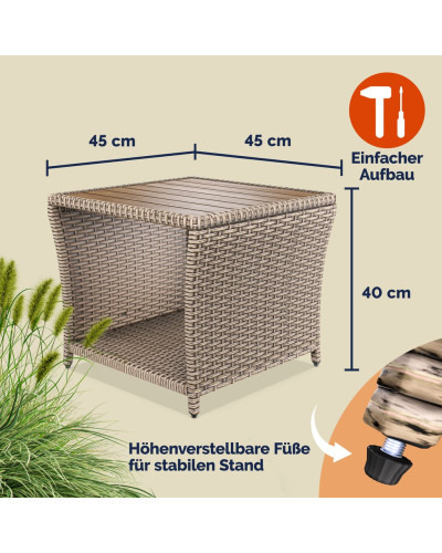Cream Rattan Side Table with Acacia Wood Top